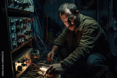 Electrician working at electric panel