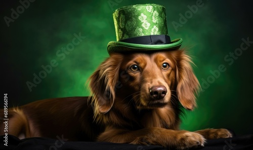 A dog wearing a green hat. Generative AI.
