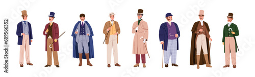 Retro and vintage fashion gentleman set. Elegant men of 1900, 19th century. Gentlemen in hats and suits. Male aristocrats with canes. Flat graphic vector illustrations isolated on white background
