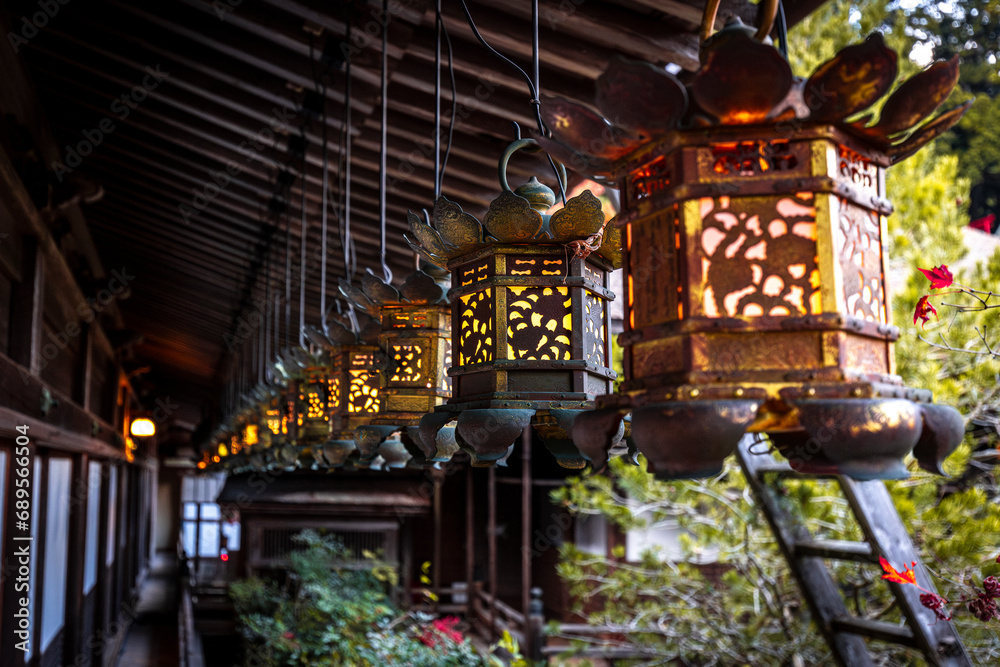 Japanese lanterns in a temple on mount koya