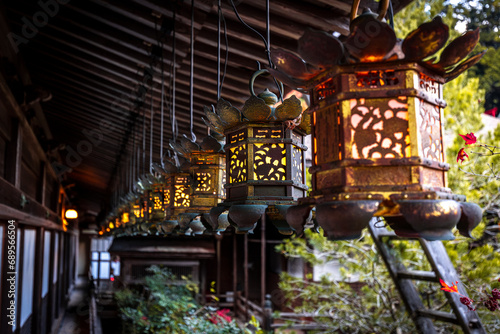Japanese lanterns in a temple on mount koya photo