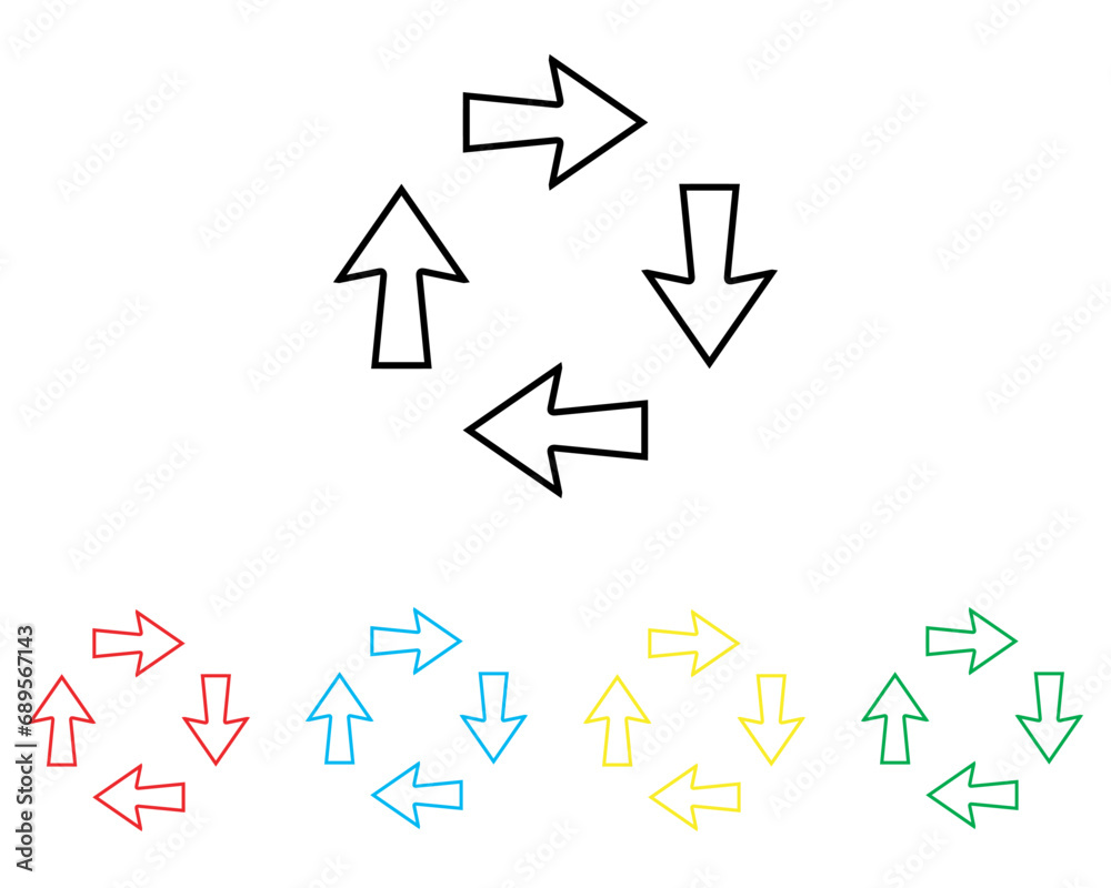 Arrows in different direction icon vector. Four Arrows icon sign symbol in trendy flat style. Set elements in colored icons. Recycling vector icon illustration isolated on white background Arrows in different direction icon vector. Four Arrows icon sign symbol in trendy flat style. Set elements in colored icons. Recycling vector icon illustration isolated on white background