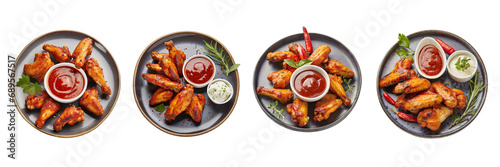 Set of Buffalo chicken wings on plate with one bowl of chili sauce.(3)