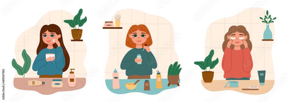 Obraz premium Set of cute girls take care of there skin and applies cosmetics on face. Skin care concept. Body care concept. 