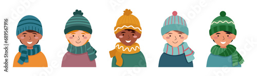 Set of boys in warm hats isolated on a white background.	
