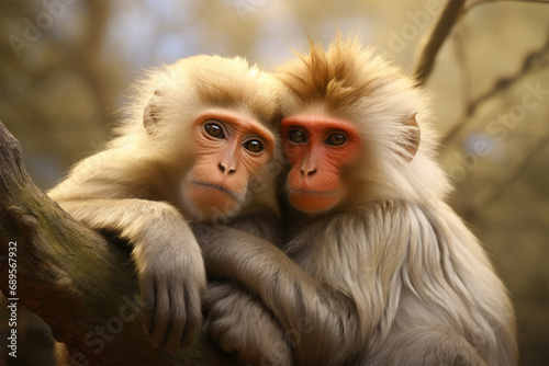 a pair of monkeys are hugging © Yoshimura