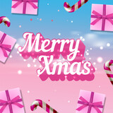 Merry Xmas pink design. Christmas poster with gift boxes, candy sticks, holiday twinkling lights