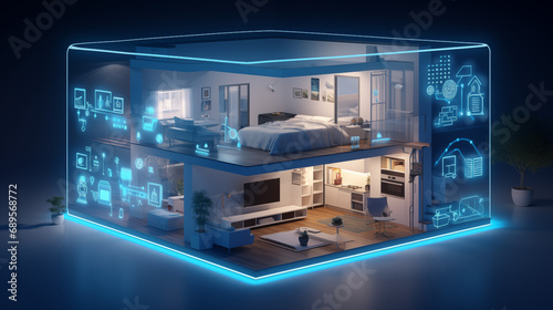 A smart home setup. A modern living space equipped with smart home devices like smart lights  tv and voice - controlled assistants. Smart home interior with augmented reality. AI generative.