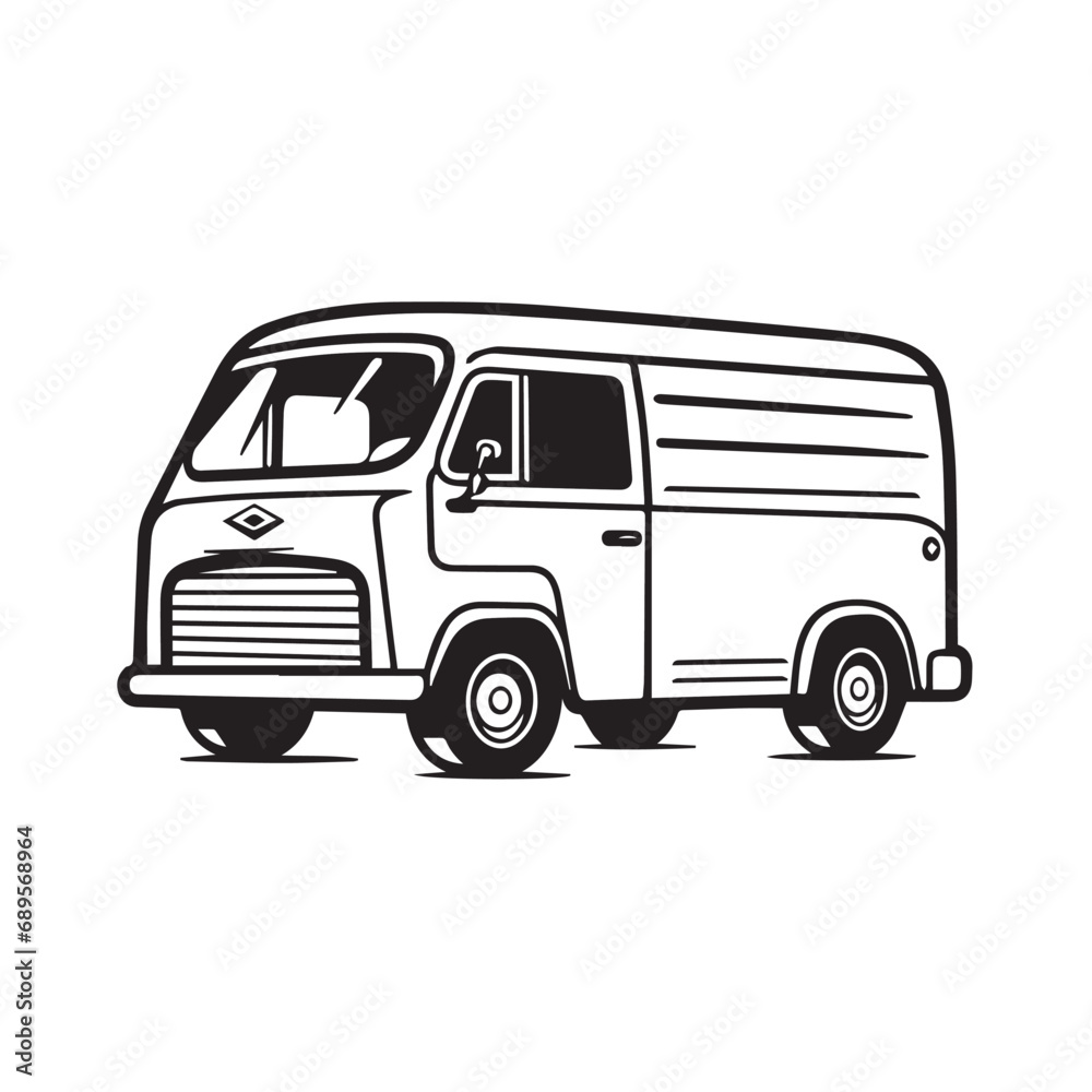 DELIVERY VAN in cartoon, doodle style. Isolated 2d vector illustration in logo, icon, sketch style, Eps 10, black and white. AI Generative