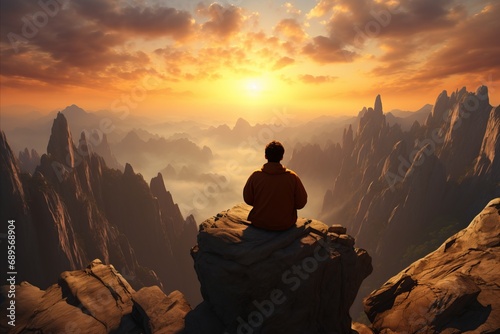 Solitary Figure Gazing from Majestic Mountain Summit with Breathtaking Cloud-Adorned Sky