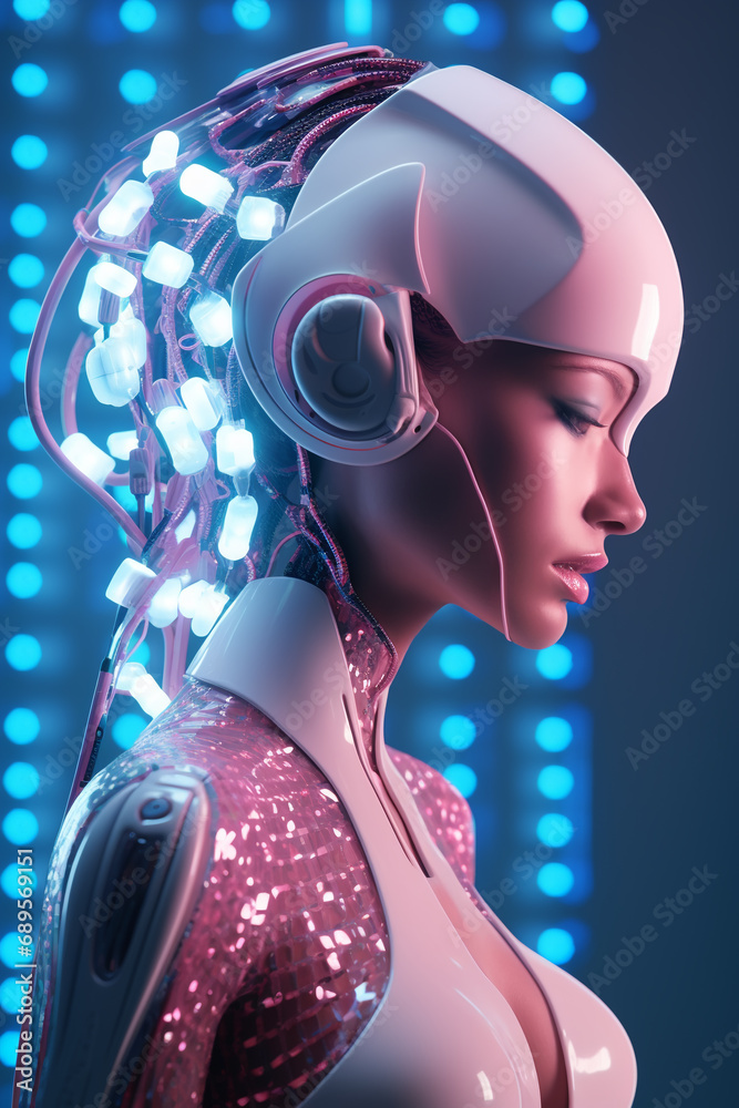 profile of a woman with cyborg elements in a neon glow, modern technology, fantasy robot profile of a woman with cyborg elements in a neon glow, modern technology, fantasy robot