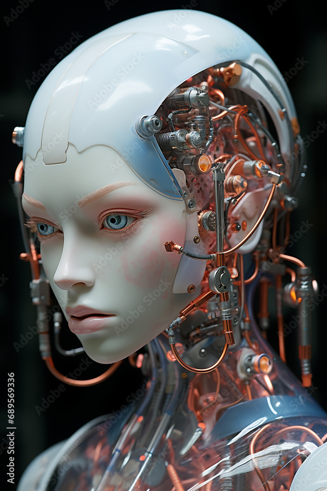 alien creature in the form of a woman with luminous cyborg elements, modern technology, 3D
