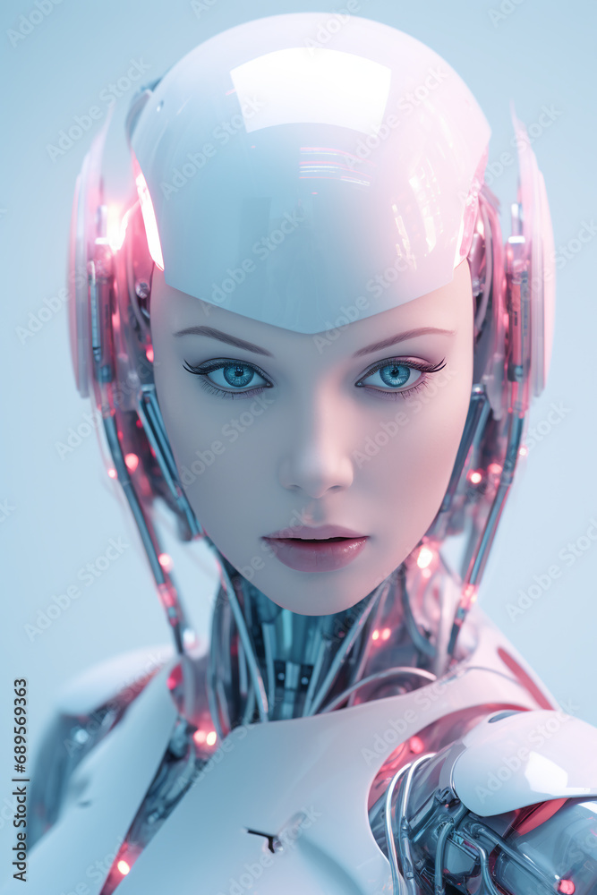 close-up portrait of a girl with glowing cyborg elements in blue and pink tones, fantastic robot, modern technology close-up portrait of a girl with glowing cyborg elements in blue and pink tones, fantastic robot, modern technology