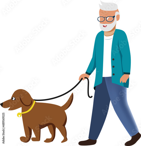 Senior man walking with dog on street. Exercising for elderly for healthy aging and wellbeing. 