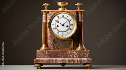 Antique chimney clock standing on marble surface