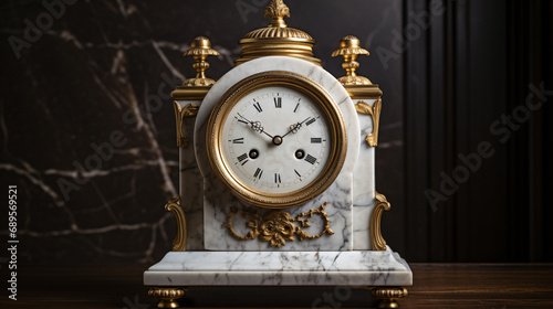 Antique chimney clock standing on marble surface