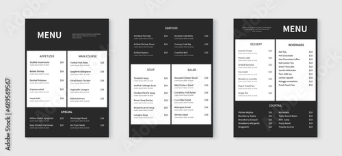 Minimalist menu layout template. Restaurant food and drink menu design. Vector illustration