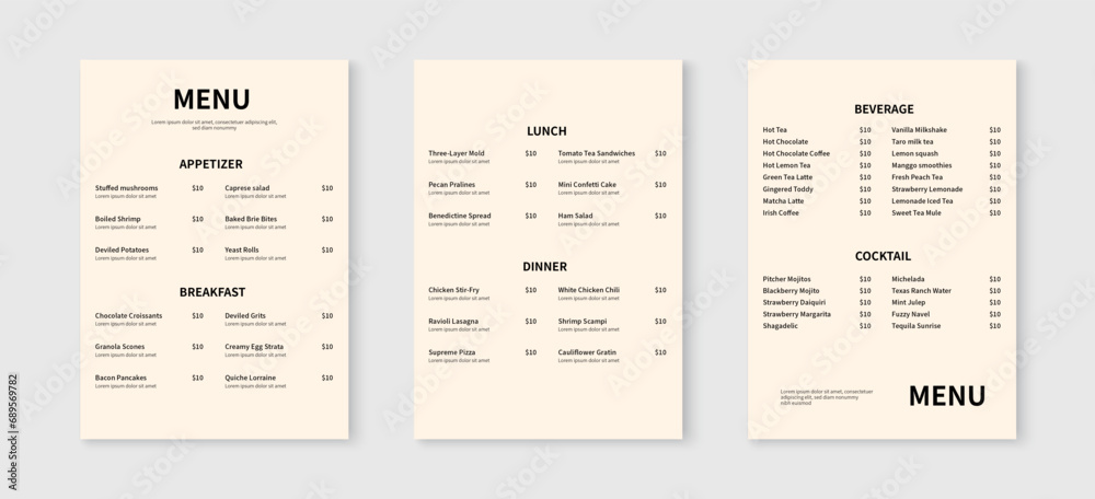 Elegant restaurant menu design template. Food and drink menu flyer layout design. Vector illustration - obrazy, fototapety, plakaty 