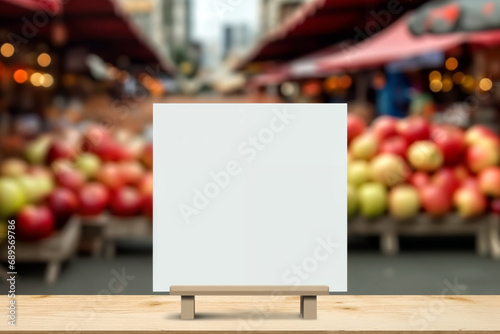 Blank white signboard on wood table with blur of supermarket background photo