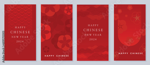 Chinese New Year 2024 card background vector. Year of the dragon design with cloud, wind, flower, pattern. Elegant oriental illustration for cover, banner, website, calendar. photo