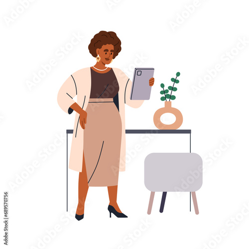 Business woman with gadget in hand. Female employee using technology, tablet PC at work. Modern office worker, manager reading on digital pad. Flat vector illustration isolated on white background