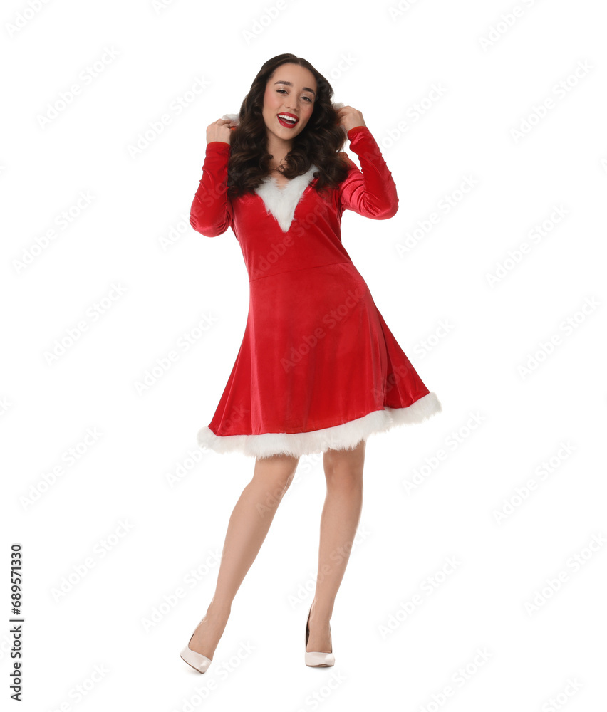 Beautiful young woman in Christmas red dress isolated on white Beautiful young woman in Christmas red dress isolated on white