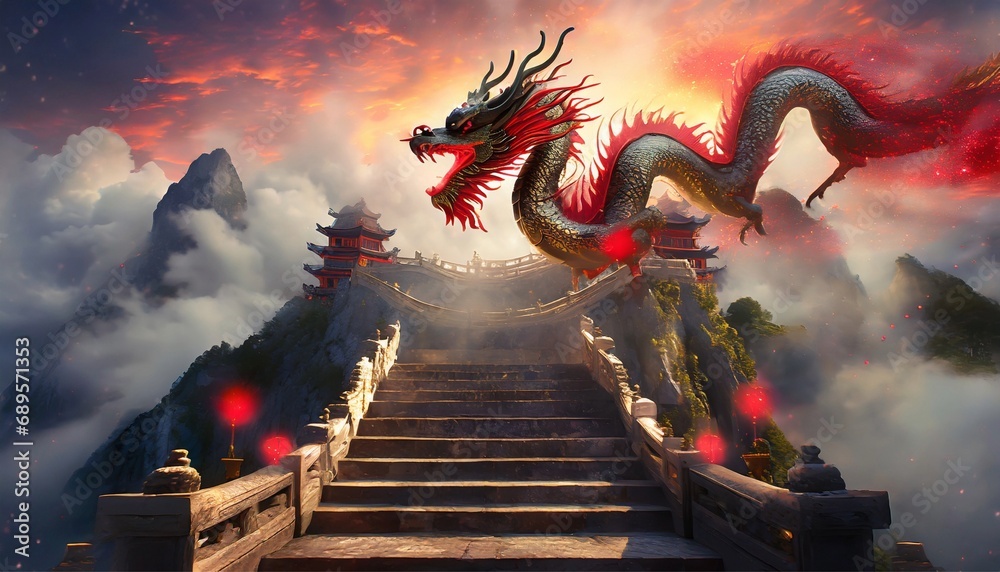 3D rendering of chinese style dragon in the temple with fog - obrazy, fototapety, plakaty 