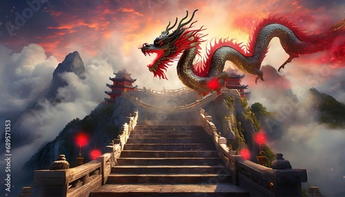 3D rendering of chinese style dragon in the temple with fog photo