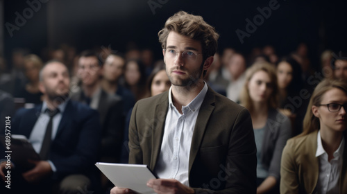Caucasian man with serious expression at head of conference room, holding file for his speech, surrounded by attentive audience, focused and attentive atmosphere, like a lawyer doing an advocacy
