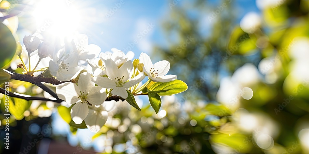 A beautiful spring scene with white blossoms on trees, showcasing the vibrant and seasonal beauty of nature against a bright blue sky.