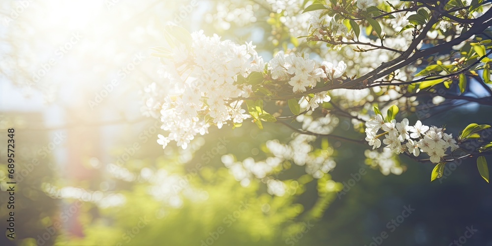 Obraz premium A picturesque spring scene featuring white blossoms on a tree branch against a fresh and vibrant background, capturing the beauty