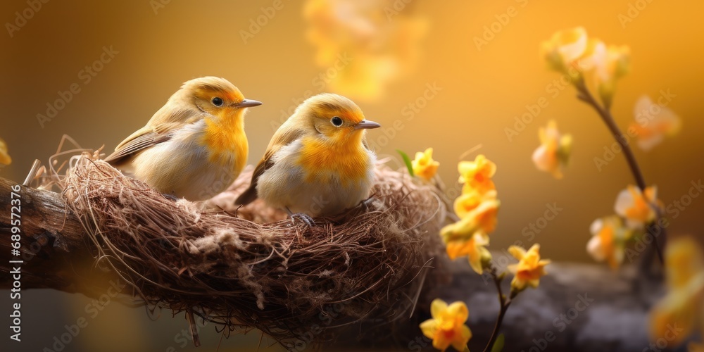 A cute, small bird perched in nest on a tree branch amidst spring flowers, showcasing the beauty of nature. A cute, small bird perched in nest on a tree branch amidst spring flowers, showcasing the beauty of nature.