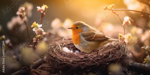 Bird perched in nest on a branch, surrounded by springtime flowers, capturing the beauty of nature. photo