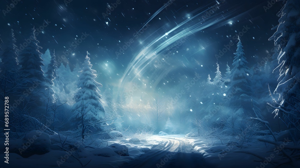 Frosty Fir Tree in Pristine Snow, Subtly Blurred Forest Background, Abstract Snowflakes Creating a Dreamy Atmosphere - Chill and Serene Winter Vibes
