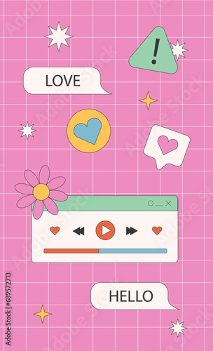 Social media post in old school nostalgic design. Retro 80s 90s aesthetic backdrops, vintage backgrounds with old computer user interface. Set of square poster templates in vaporwave Y2K style. 