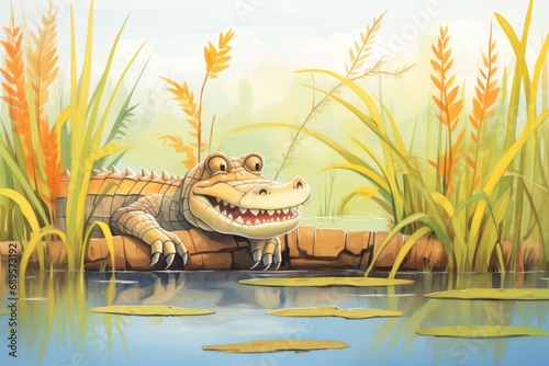 alligator resting on riverbank among reeds