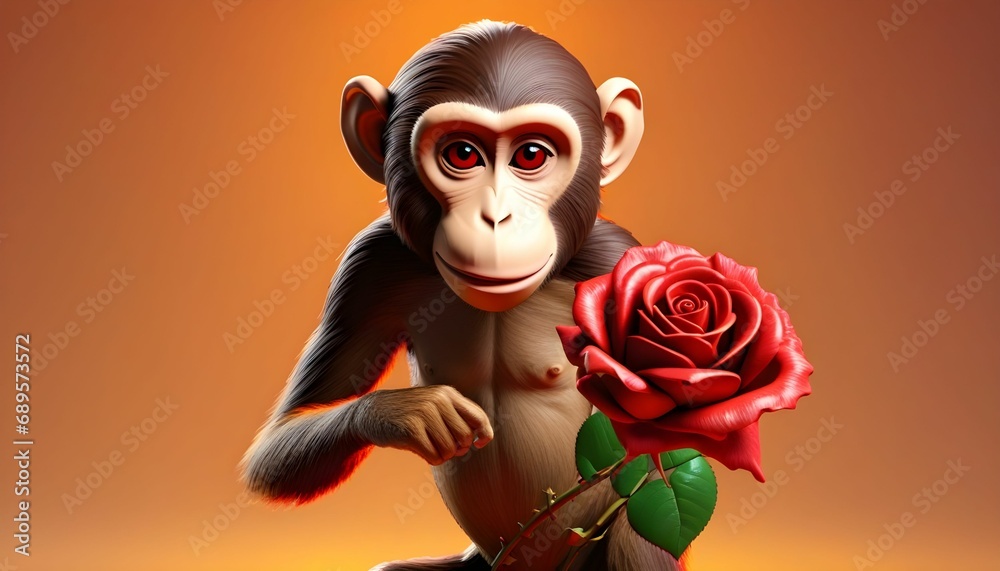 A monkey gives a red rose