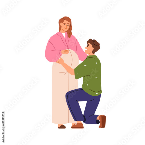 Pregnant wife and husband. Family couple, future parents expecting baby. Happy mother with pregnancy belly, father waiting for first child. Flat vector illustration isolated on white background