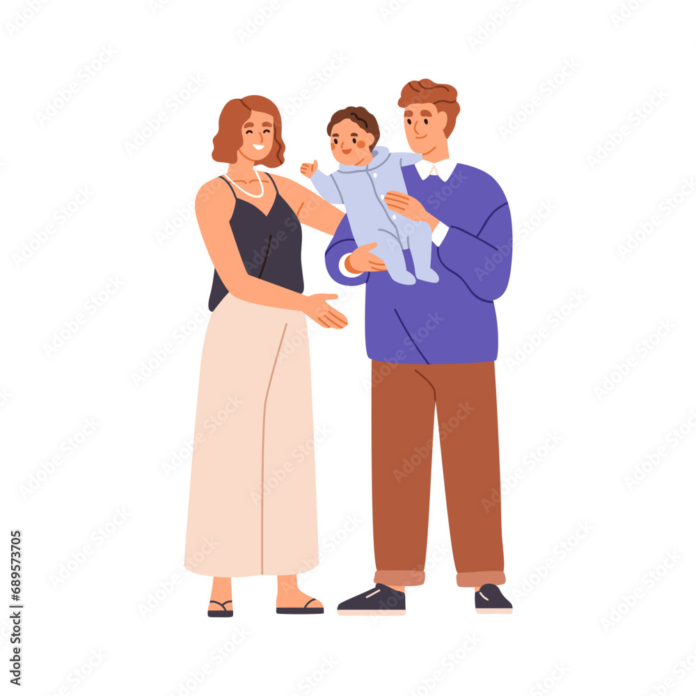 Mom, dad and baby. Happy parents holding infant. Only-child family. Mother, father and cute kid in hands. Smiling wife and husband couple. Flat vector illustration isolated on white background Mom, dad and baby. Happy parents holding infant. Only-child family. Mother, father and cute kid in hands. Smiling wife and husband couple. Flat vector illustration isolated on white background