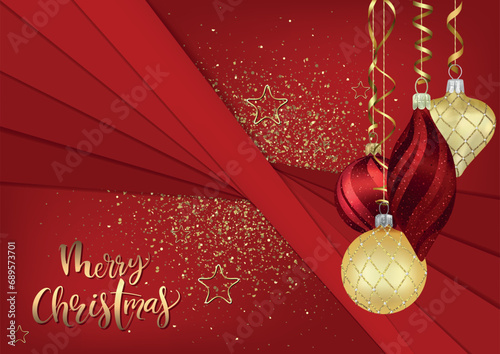Red Abstract Christmas Card with Hanging Christmas Ornaments - Colored Illust...