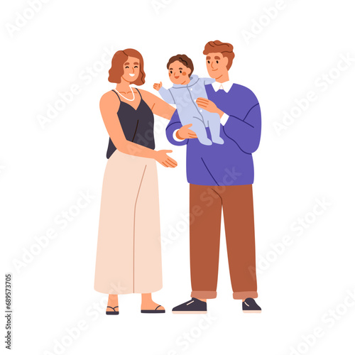 Mom, dad and baby. Happy parents holding infant. Only-child family. Mother, father and cute kid in hands. Smiling wife and husband couple. Flat vector illustration isolated on white background