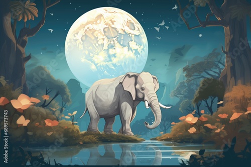 a full moon illuminating an asian elephant in the jungle