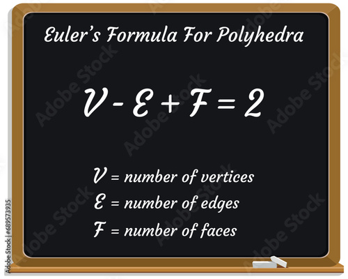 Euler’s Formula for Polyhedra on a black chalkboard. Education. Science. Formula. Vector illustration.. photo