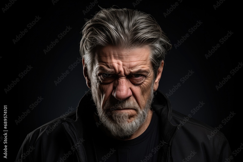 A senior man with a furious and irritated expression, conveying a mix of emotions in a studio portrait.