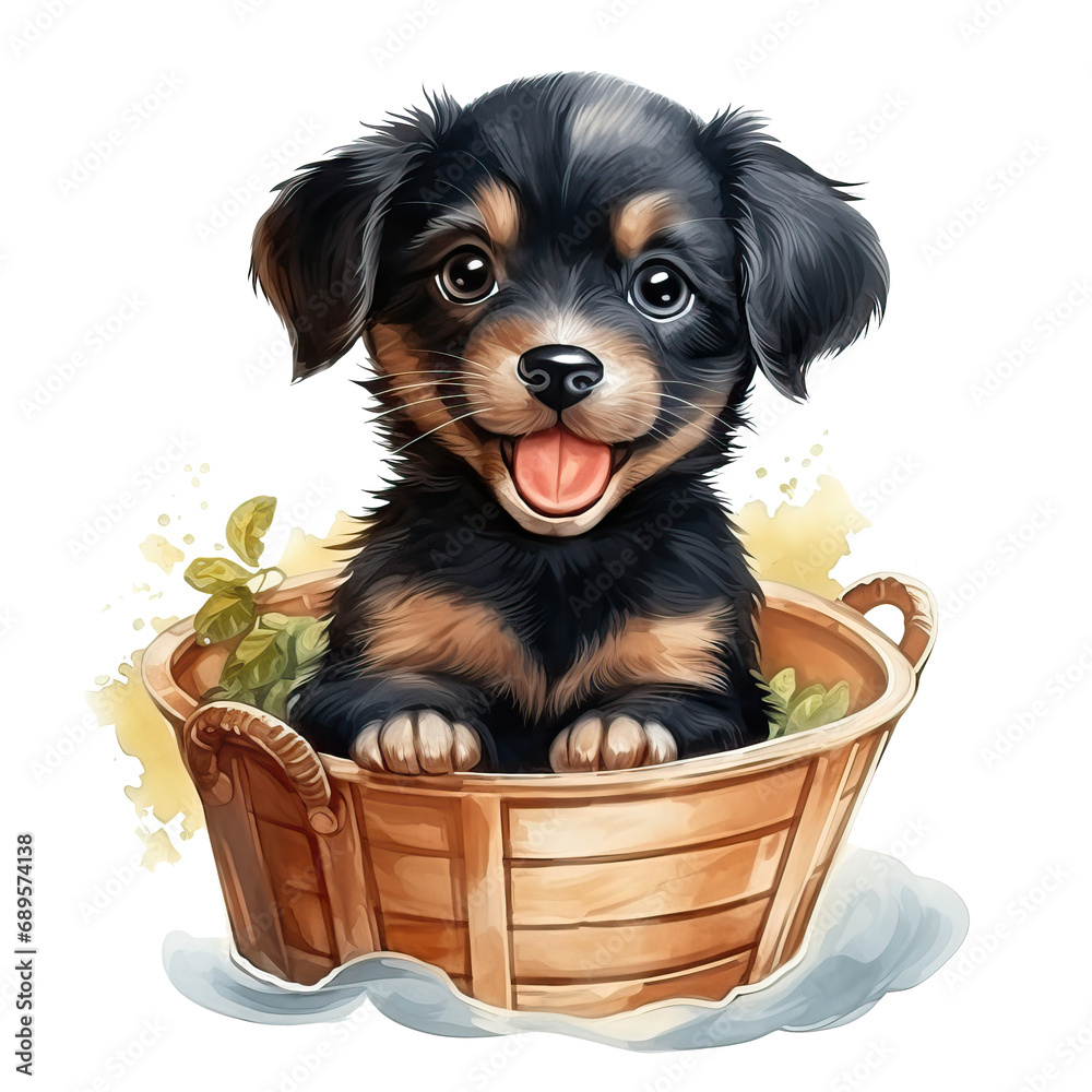 Transparent watercolor cute puppy in the basket clipart background ...