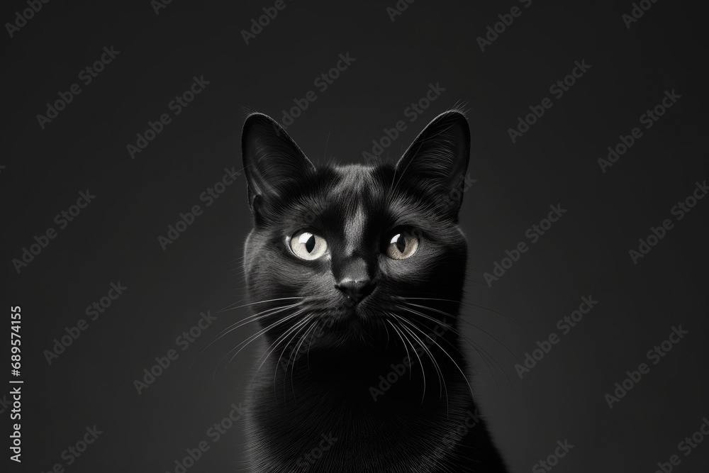 Striking black cat with yellow eyes, closeup portrait in a dark setting.