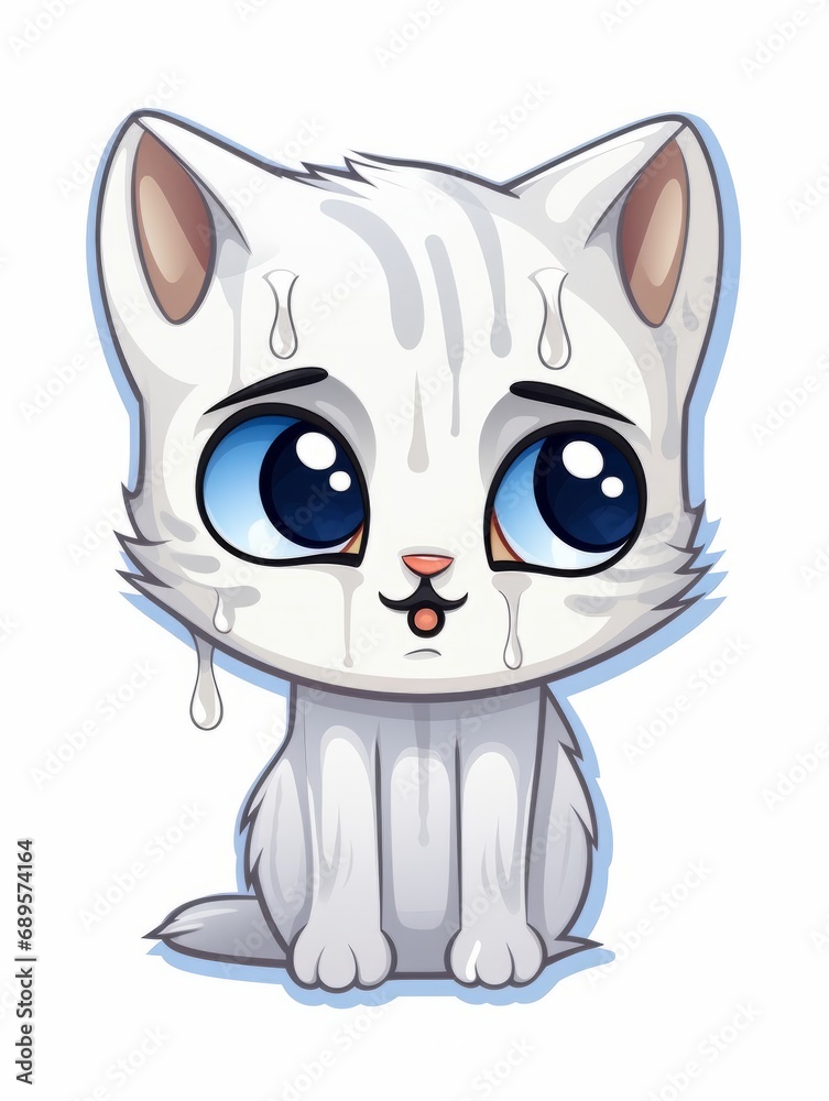 Sad Kitten sticker in cartoon style on white background isolated, AI Sad Kitten sticker in cartoon style on white background isolated, AI