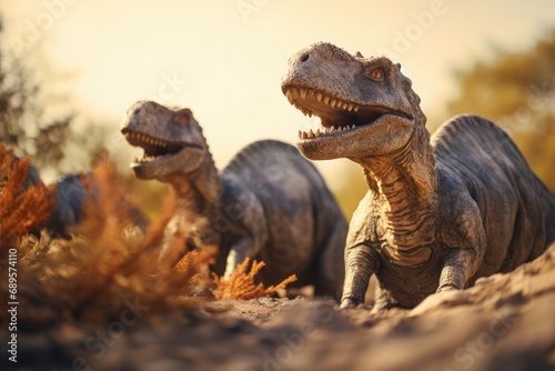 Two dinosaurs peacefully sunbathing in a prehistoric landscape under a warm sunlight. photo