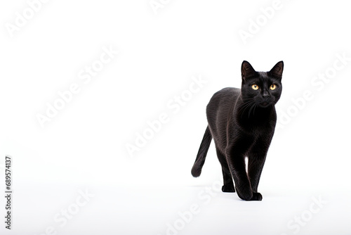 Beautiful black cat with expressive yellow eyes, standing, isolated on white background.