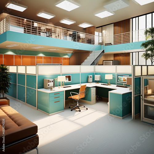 vintage office space, pastel colors corporation office interior, 